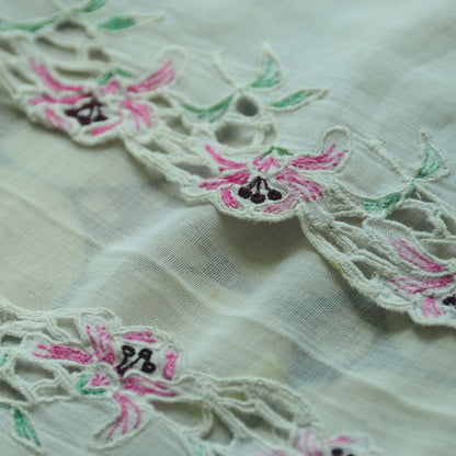 Vintage Broken White Indonesian Kebaya with Pink Floral Kerancang Embroidery