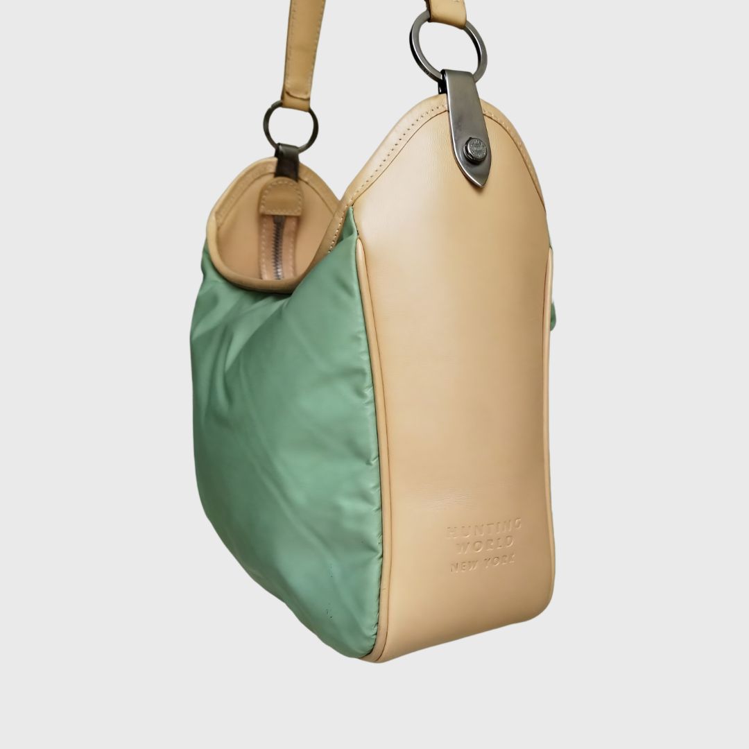 Vintage Two Tones Green Matcha Leather Nylon Shoulder Bag
