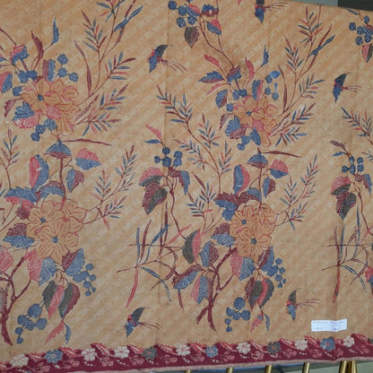 Vintage Indonesian Hand Drawn Batik Saroong Dutch Motif (Belanda) in Brick Red with Flamingo and Lillies