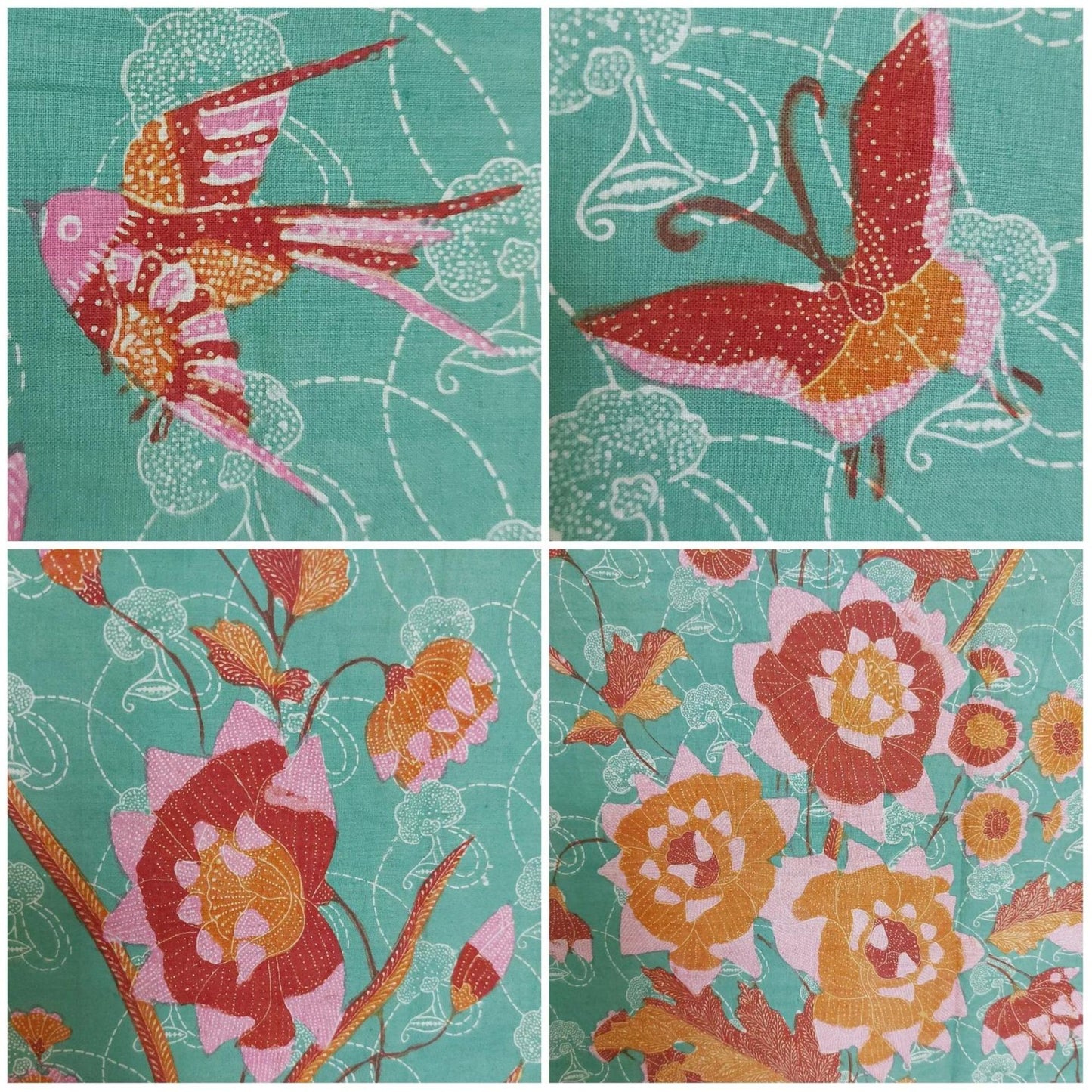 Vintage Indonesian Sarong Hand Drawn Turquoise-Pink Batik Peranakan/Encim