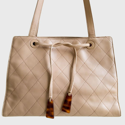 Vintage Quilted Diagonal Taupe Leather Shoulder Bag