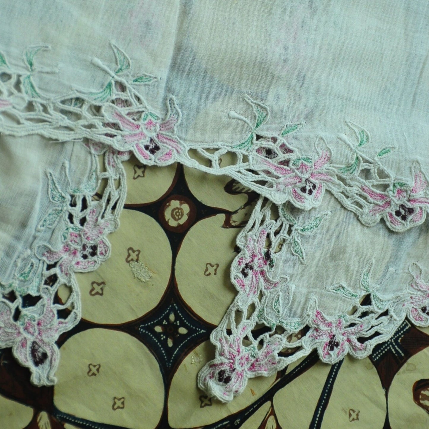 Vintage Broken White Indonesian Kebaya with Pink Floral Kerancang Embroidery
