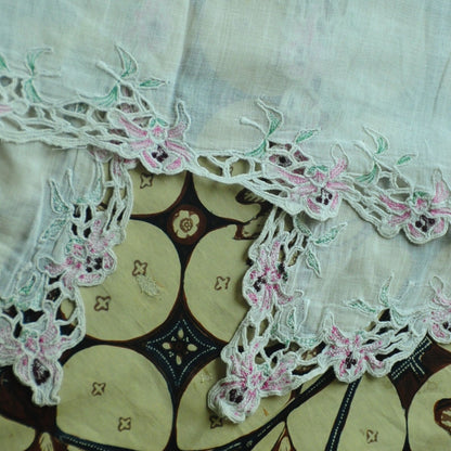 Vintage Broken White Indonesian Kebaya with Pink Floral Kerancang Embroidery