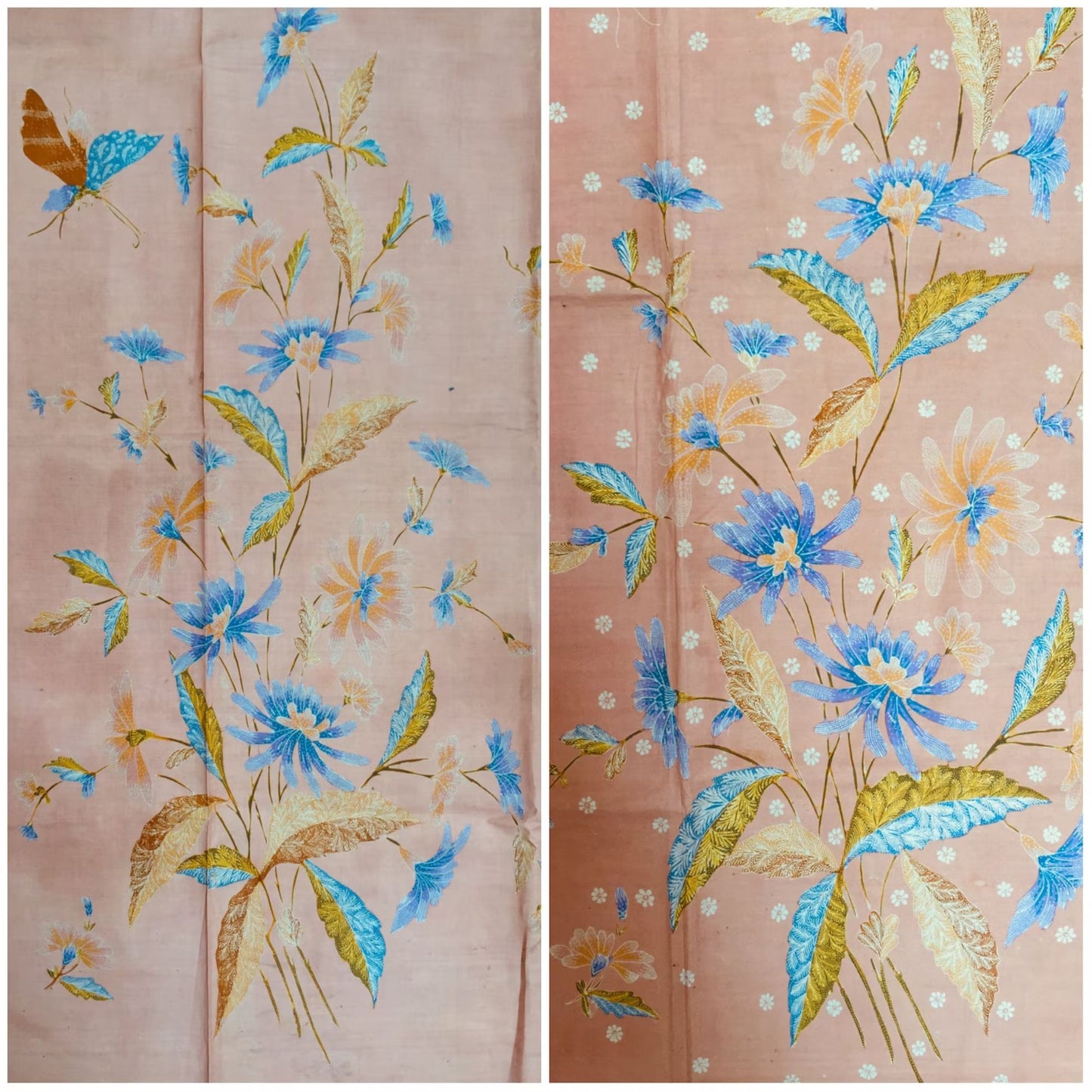 Vintage Indonesian Unsewn Sarong Hand Drawn Pink and Peach Batik