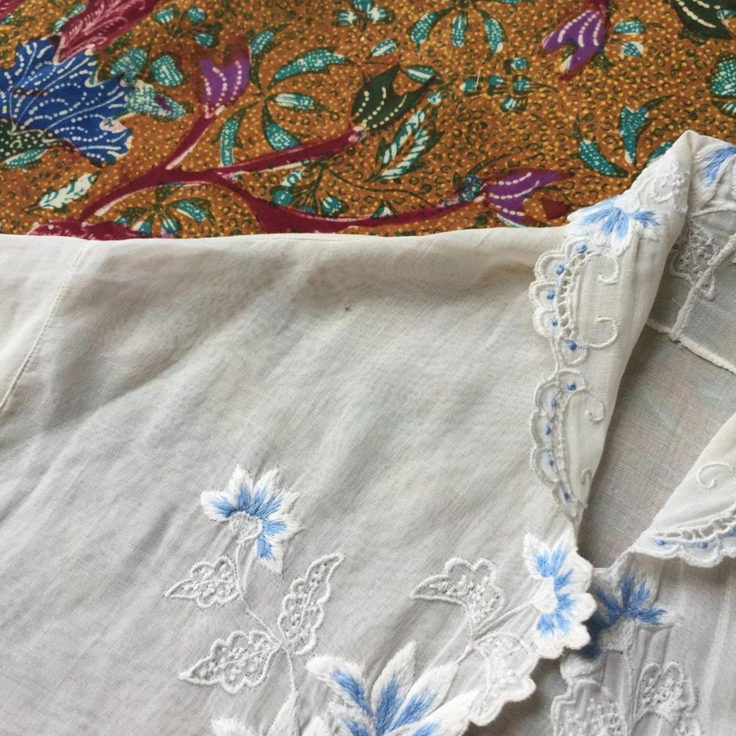 Vintage Indonesian Kebaya France Lace in White with Blue Floral Embroidery
