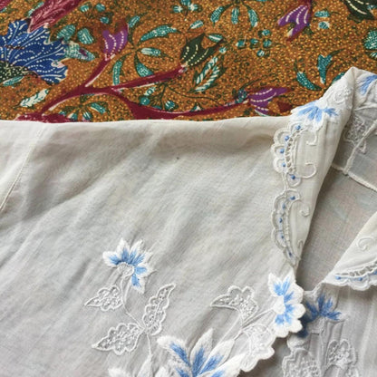 Vintage Indonesian Kebaya France Lace in White with Blue Floral Embroidery