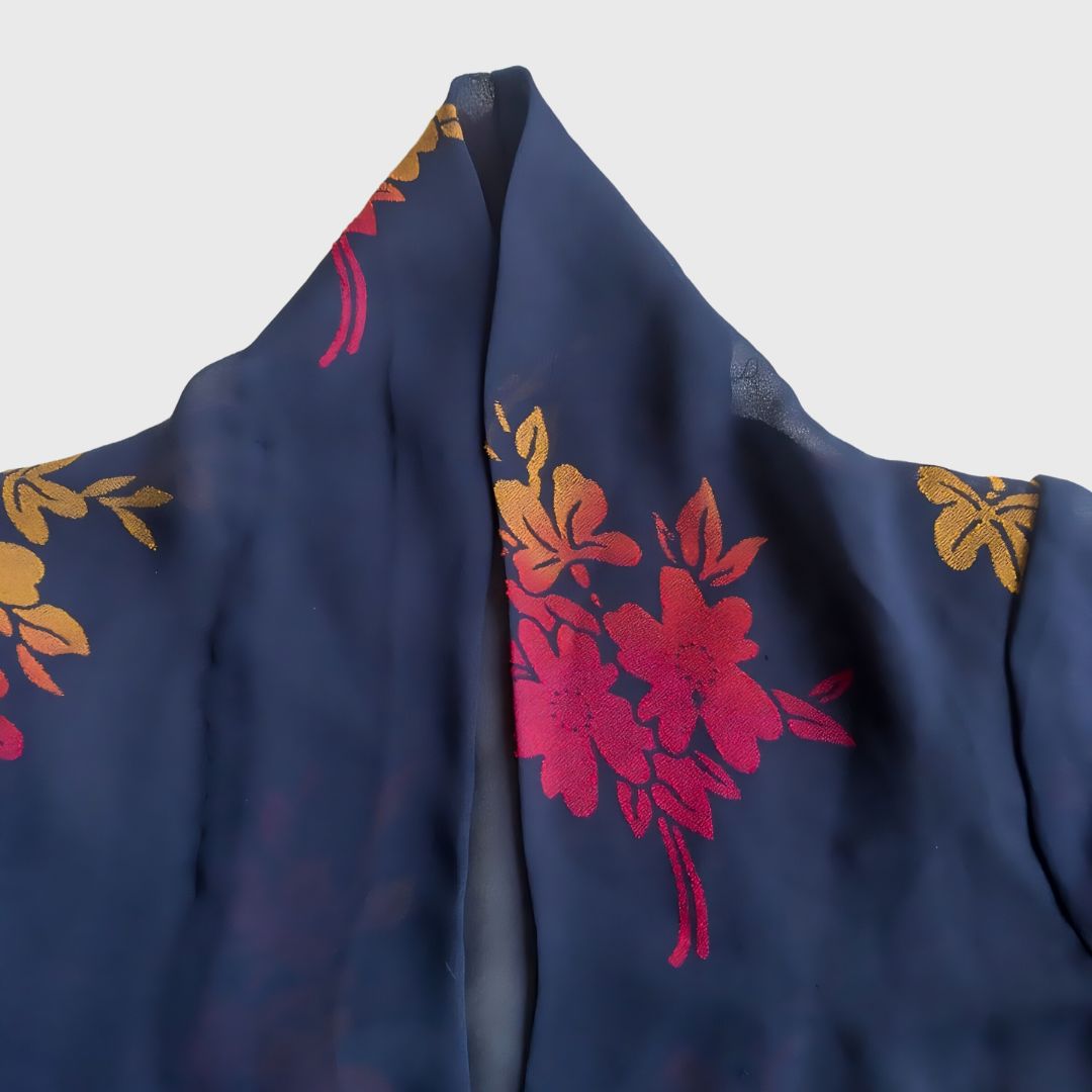 Vintage Navy Kebaya Kutubaru Orange Flower Print