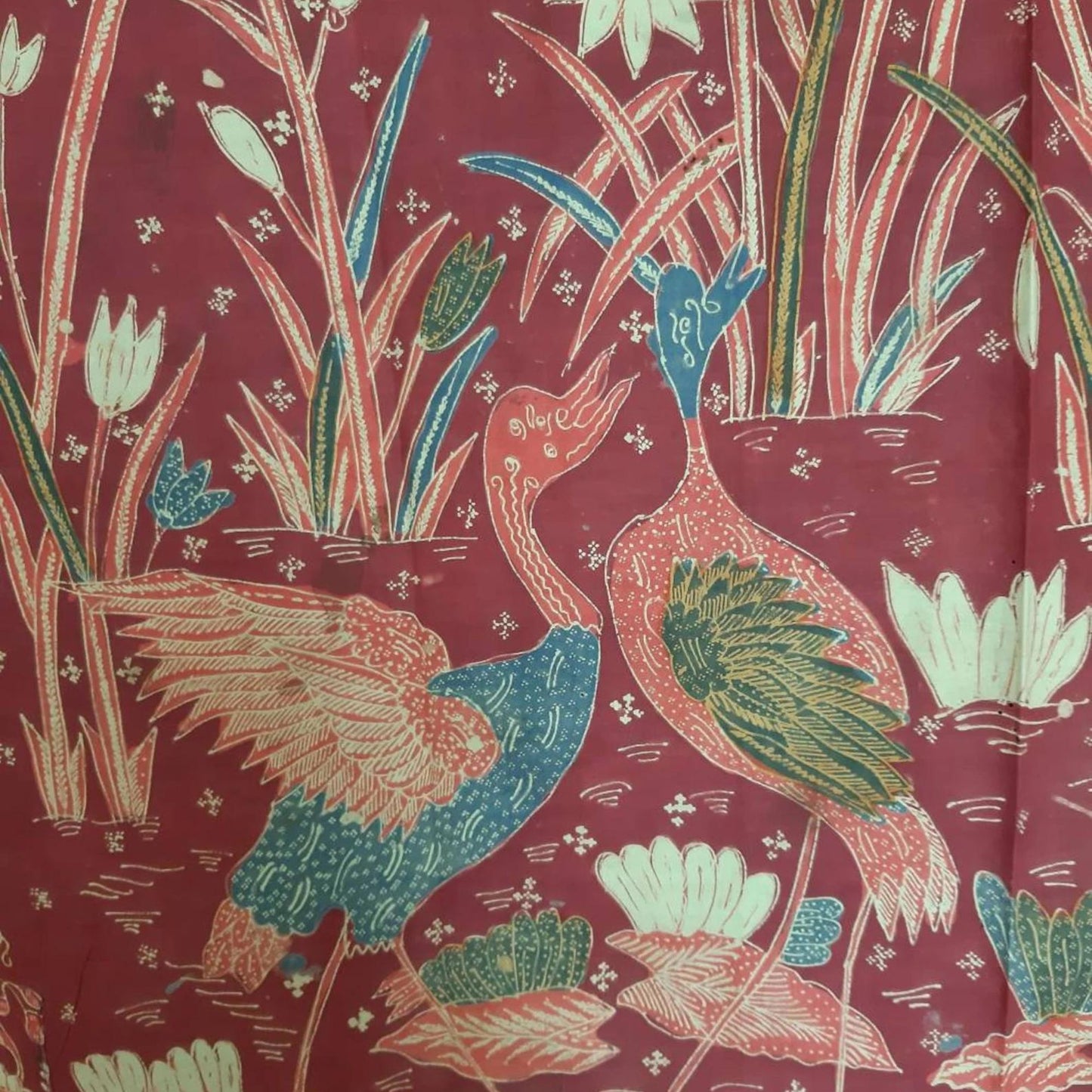 Vintage Indonesian Hand Drawn Batik Saroong Dutch Motif (Belanda) in Brick Red with Flamingo and Lillies