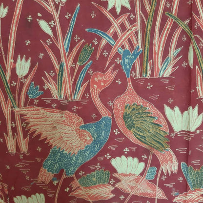 Vintage Indonesian Hand Drawn Batik Saroong Dutch Motif (Belanda) in Brick Red with Flamingo and Lillies