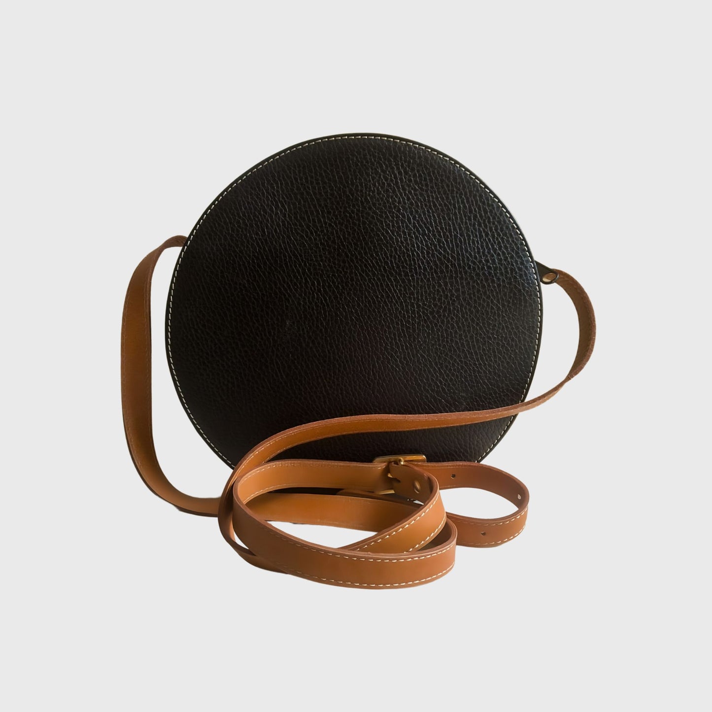 Vintage Round Black Brown Leather Sling Bag