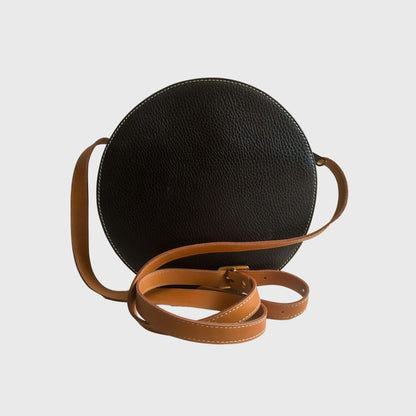Vintage Round Black Brown Leather Sling Bag