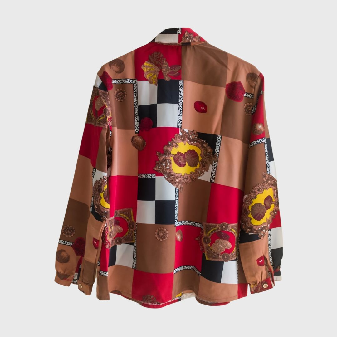 Vintage Long Sleeve Red Brown Abstract Blouse