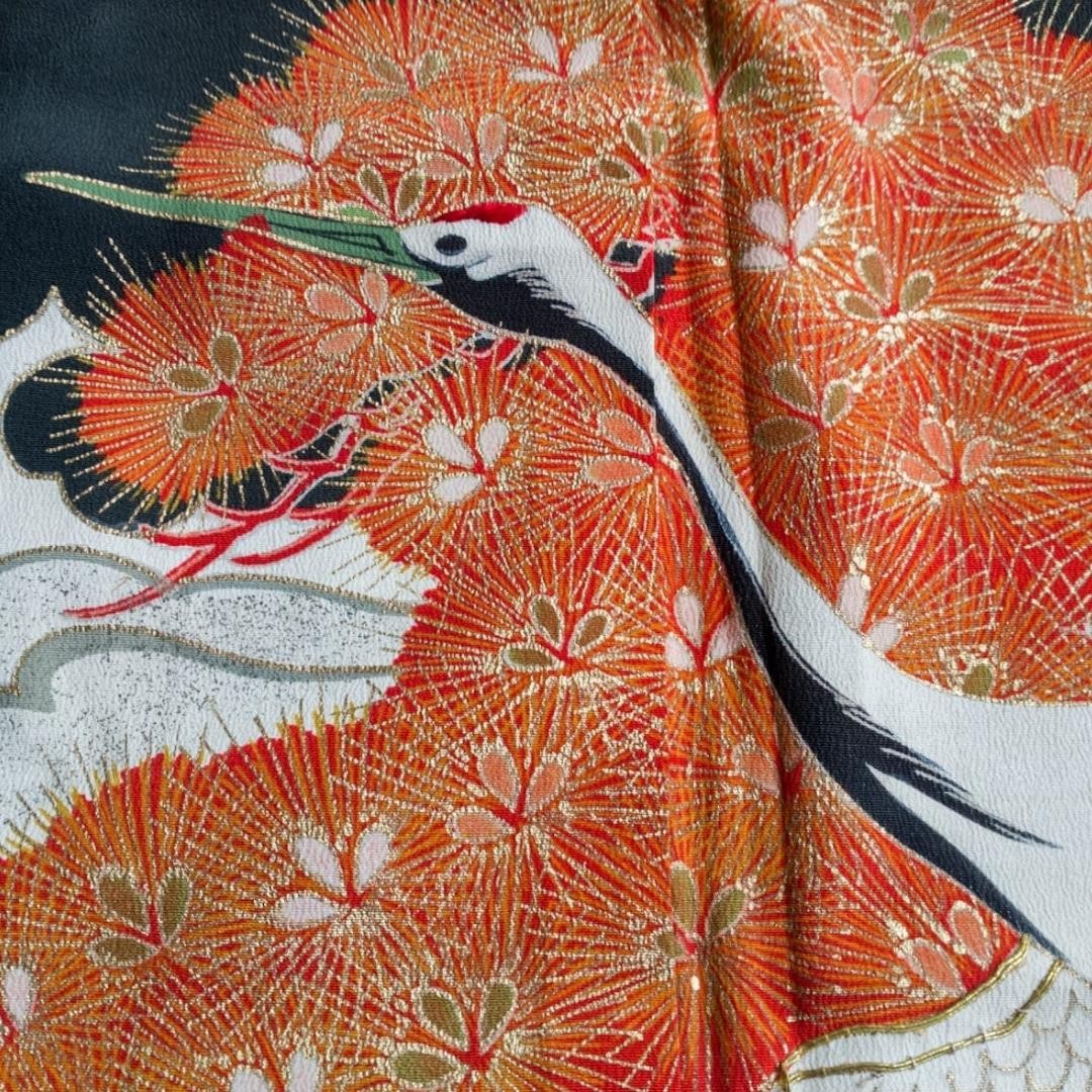 Vintage Black Japanese Crane Embroidery Kimono