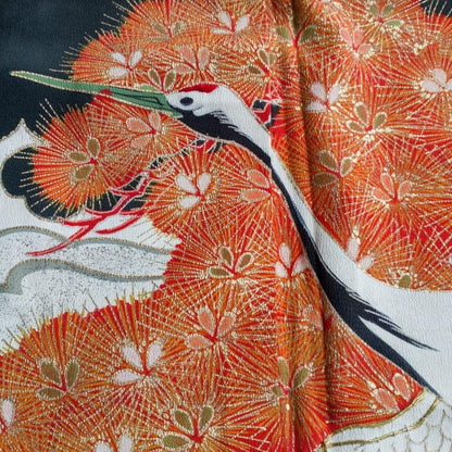 Vintage Black Japanese Crane Embroidery Kimono
