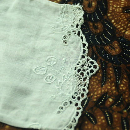 Vintage Broken White Indonesian Kebaya with White and Blue Floral Kerancang Embroidery