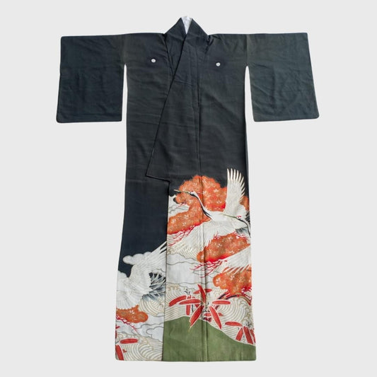 Vintage Black Japanese Crane Embroidery Kimono