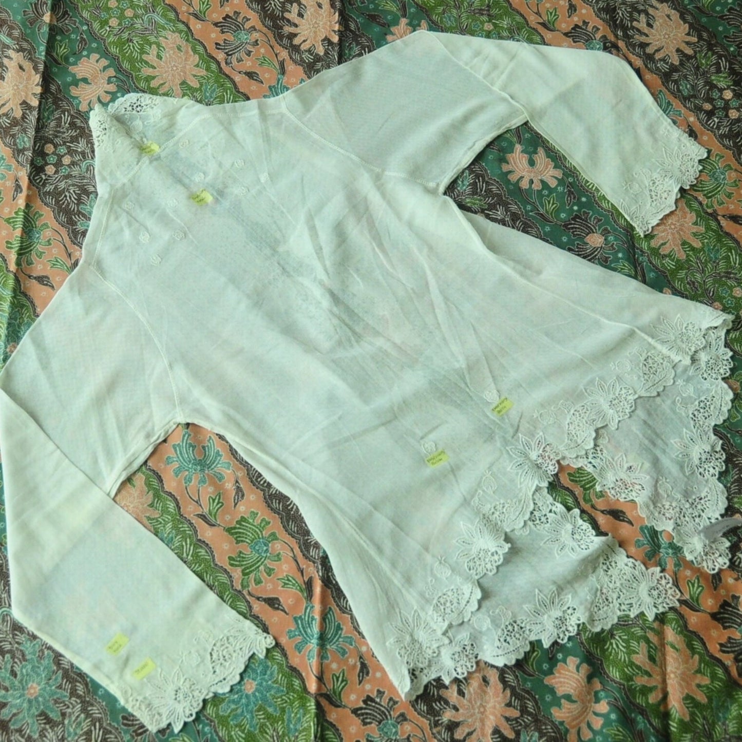 Vintage Broken White Indonesian Kebaya with Checkered Pattern and Dutch Lace Embroidery