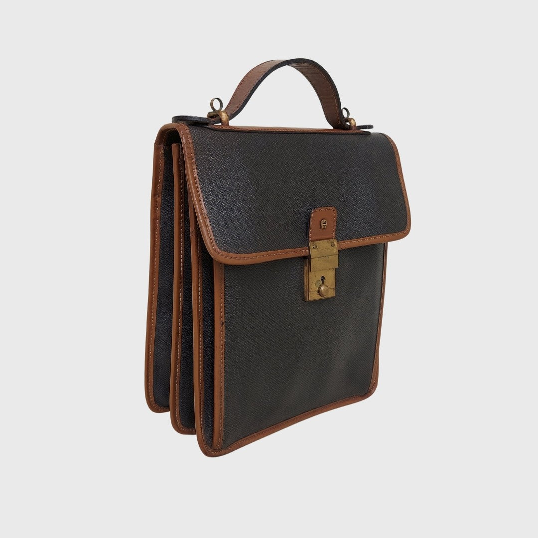 1990s Leather Canvas Box Dark Gray Brown Two Ways Bag