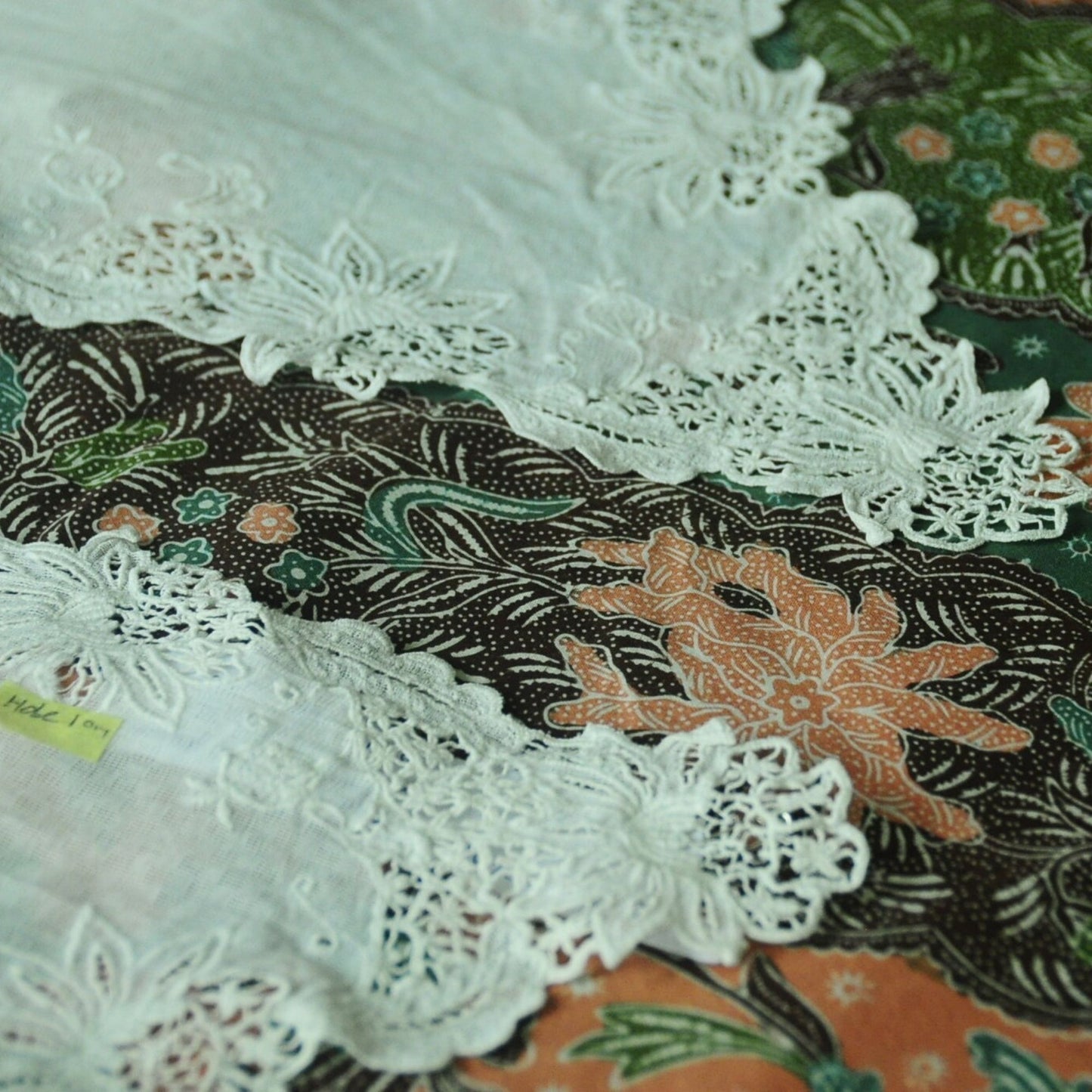 Vintage Broken White Indonesian Kebaya with Checkered Pattern and Dutch Lace Embroidery