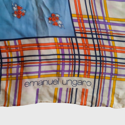 1990s Geometric Flowers Silk Blue Orange Scarf