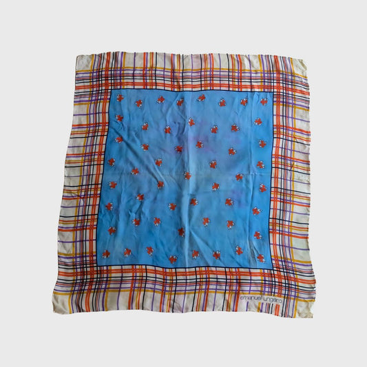1990s Geometric Flowers Silk Blue Orange Scarf