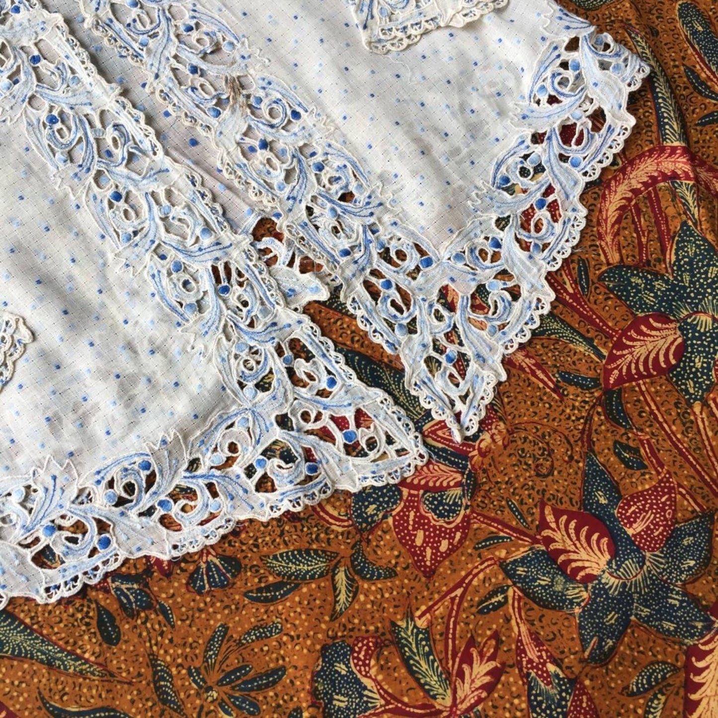 Vintage Ivory Indonesian Kebaya Krancang with Blue Embrooderies