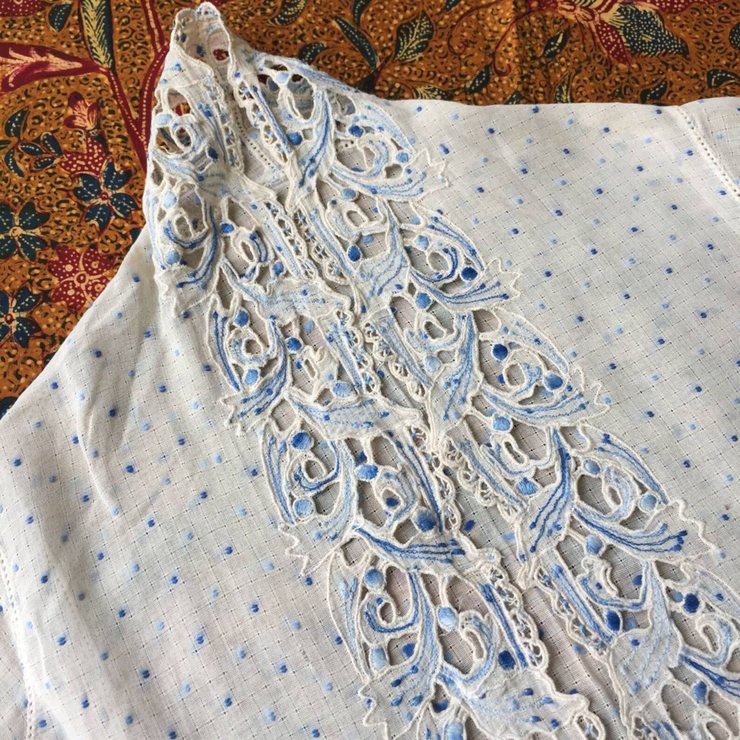 Vintage Ivory Indonesian Kebaya Krancang with Blue Embrooderies
