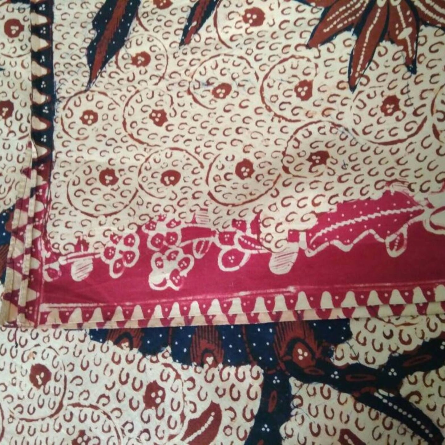 Vintage Indonesian Hand Drawn Batik with Peacock and Floral Background