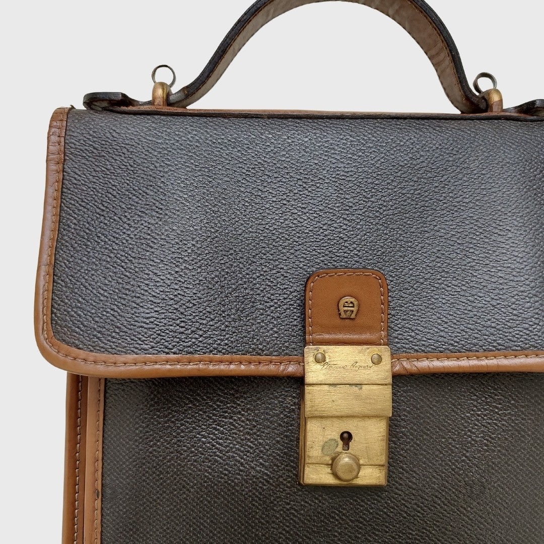 1990s Leather Canvas Box Dark Gray Brown Two Ways Bag