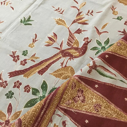 Vintage Indonesian Hand Drawn Javanese Batik Indramayu in Gray with Peacock Saroong
