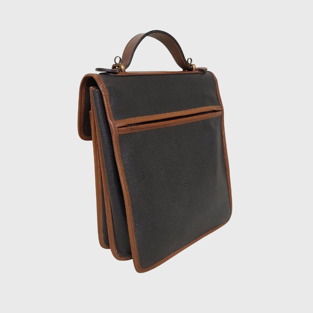 1990s Leather Canvas Box Dark Gray Brown Two Ways Bag
