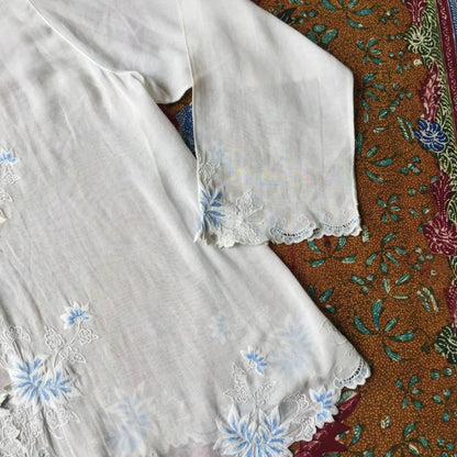 Vintage Indonesian Kebaya France Lace in White with Blue Floral Embroidery