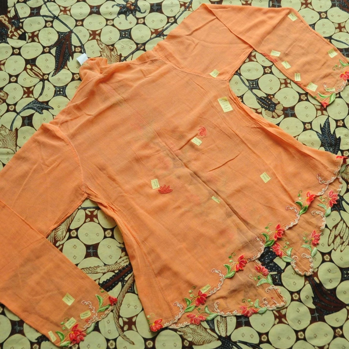 Vintage Orange Indonesian Kebaya with Floral Embroidery